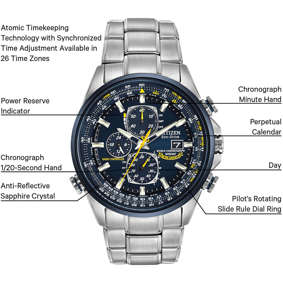 Citizen Eco-Drive Blue Angels Edition World Time Chronograph SS Blue Ion Plating Watch AT8020-54L