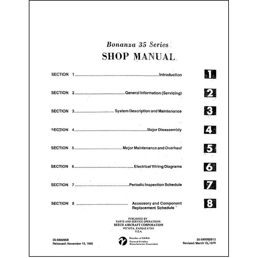 Essco Aircraft Aircraft Manual Beech 35 Series Shop Manual (35-590096B13)