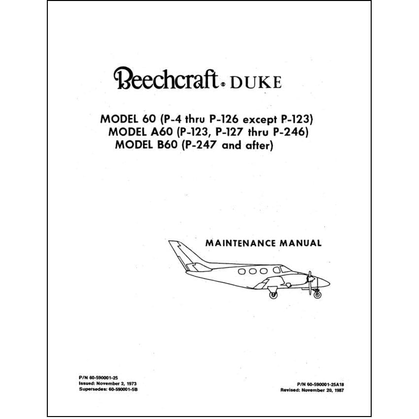 Essco Aircraft Aircraft Manual Beech Duke 60, A60, B60 Series Maintenance Manual (60-590001-25)