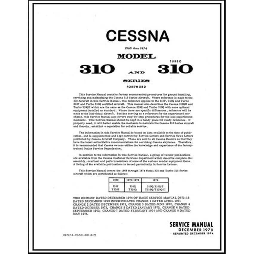 Essco Aircraft Aircraft Manual Cessna 310 & Turbo 310 1969-74 Maintenance Manual