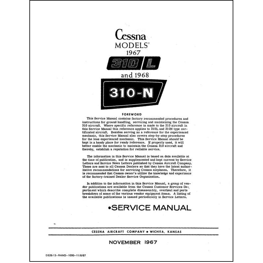 Essco Aircraft Aircraft Manual Cessna 310L 1968 310N 1967-68 Maintenance Manual