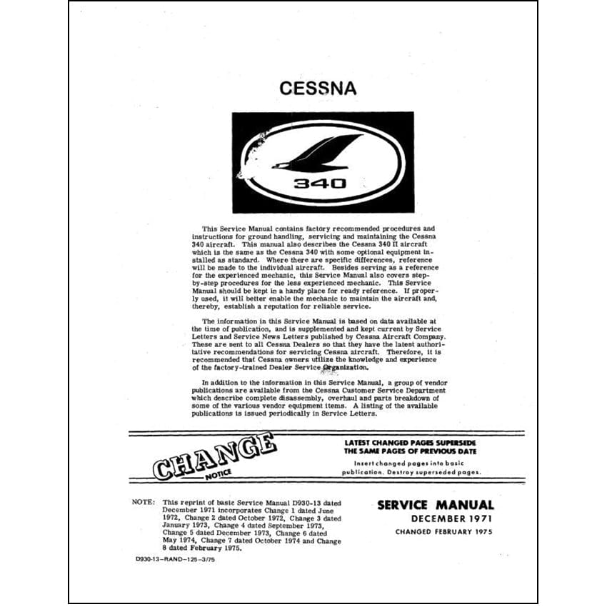 Essco Aircraft Aircraft Manual Cessna 340 1972-75 Maintenance Manual (D930-13)