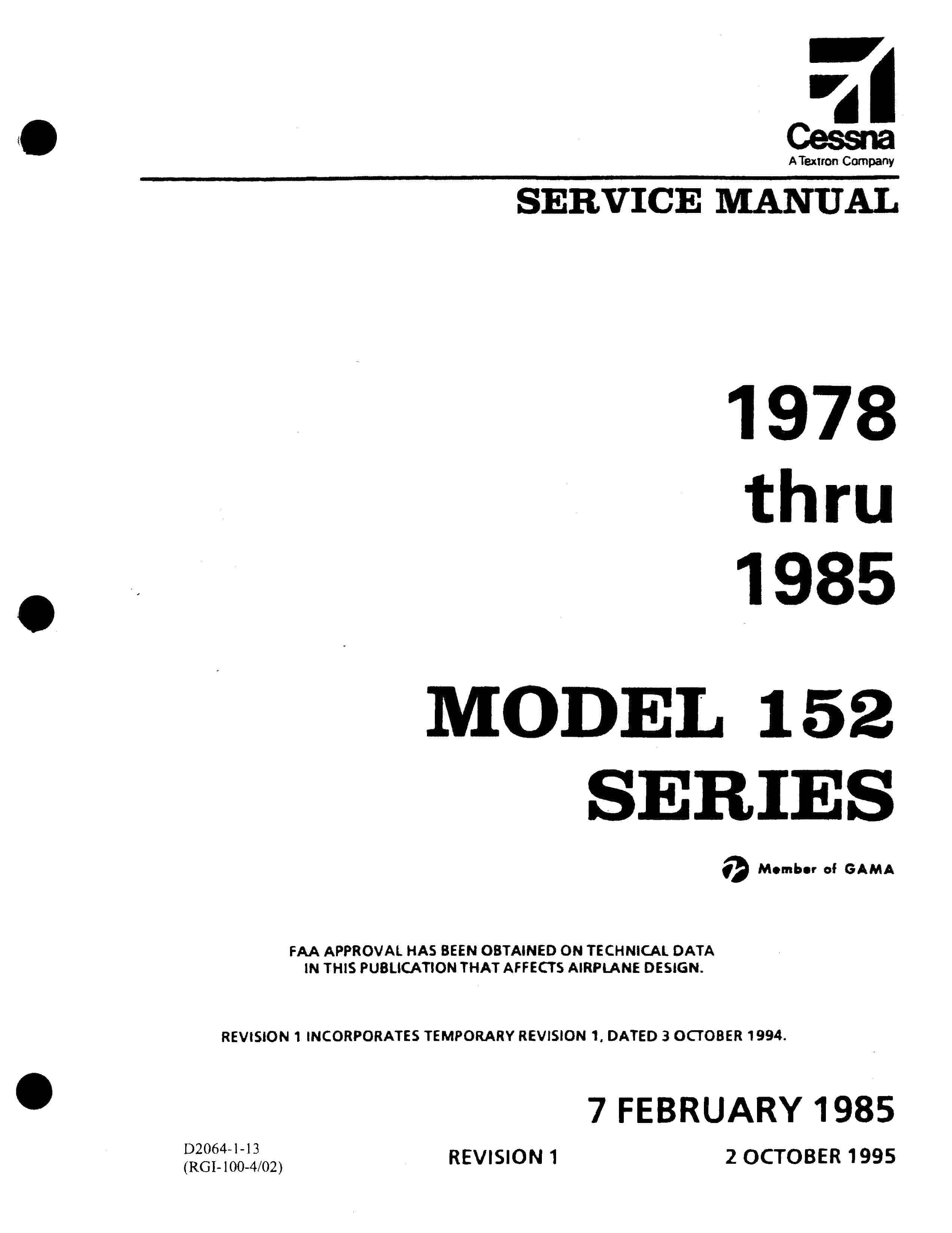 Essco Aircraft Aircraft Manual Cessna Model 152 Series 1978 thru 1985 Service/Maintenance Manual