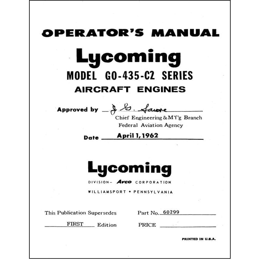 Essco Aircraft Aircraft Manual Lycoming GO-435-C2 Series 1962 Operator's Manual (60299)