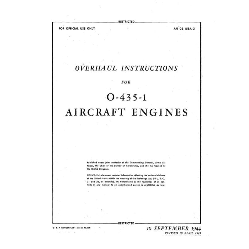 Essco Aircraft Aircraft Manual Lycoming O-435-1 1944 Overhaul Instructions (02-15BA-3)