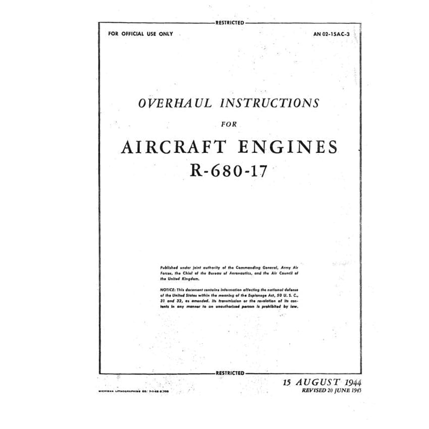 Essco Aircraft Aircraft Manual Lycoming R-680-17 Engine 1944 Overhaul Instructions (AN-02-15AC-3)