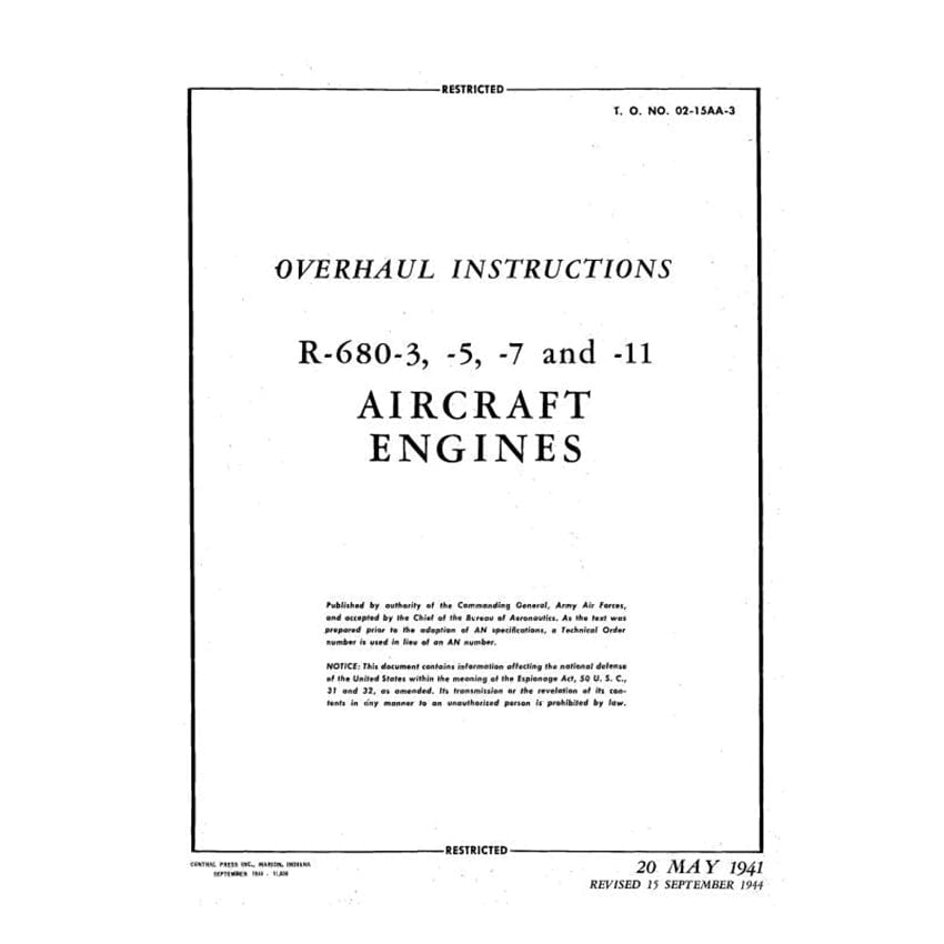 Essco Aircraft Aircraft Manual Lycoming R-680-3,-5,-7,&-11 Overhaul Instructions (02-15AA-3)