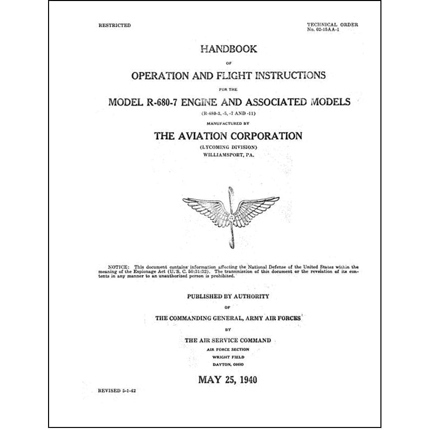 Essco Aircraft Aircraft Manual Lycoming R-680-7 Engine 1940 Operation and Flight Instructions (02-15AA-1)