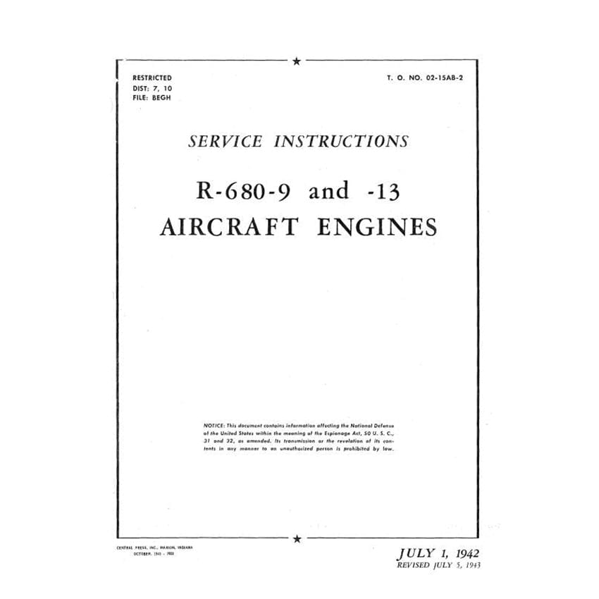 Essco Aircraft Aircraft Manual Lycoming R-680-9,-13 1942 Service Instructions (02-15AB-2)