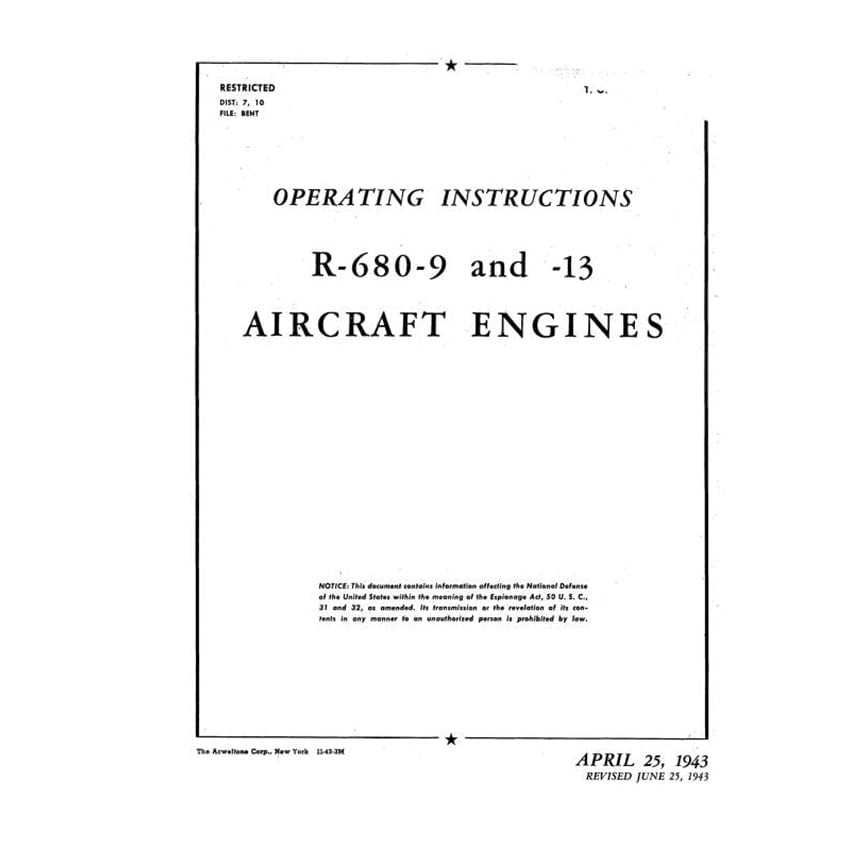 Essco Aircraft Aircraft Manual Lycoming R-680-9,-13 1943 Operating Manual (02-15AB-1)