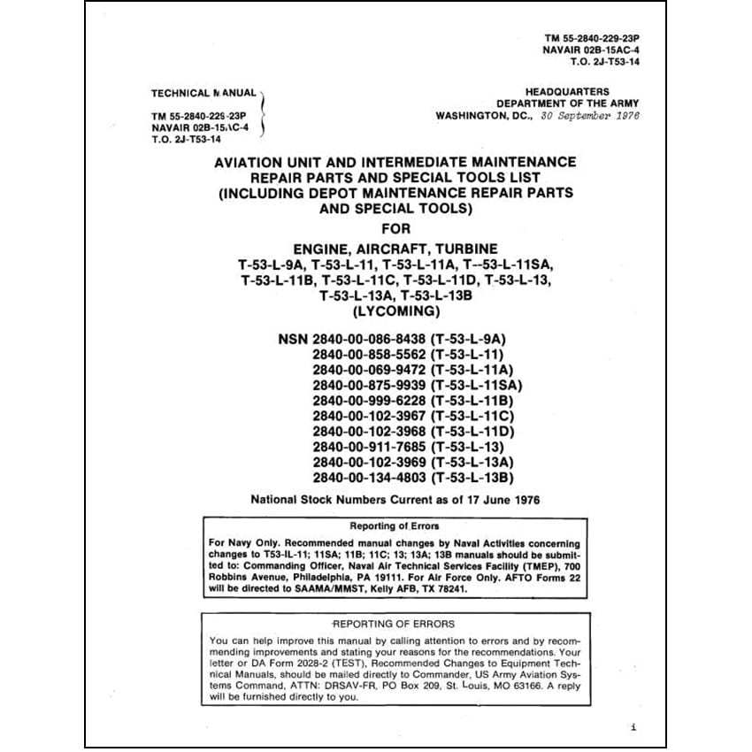 Essco Aircraft Aircraft Manual Lycoming T53-L-9A, -11, -13 Parts Manual (55-2840-229-23-P)