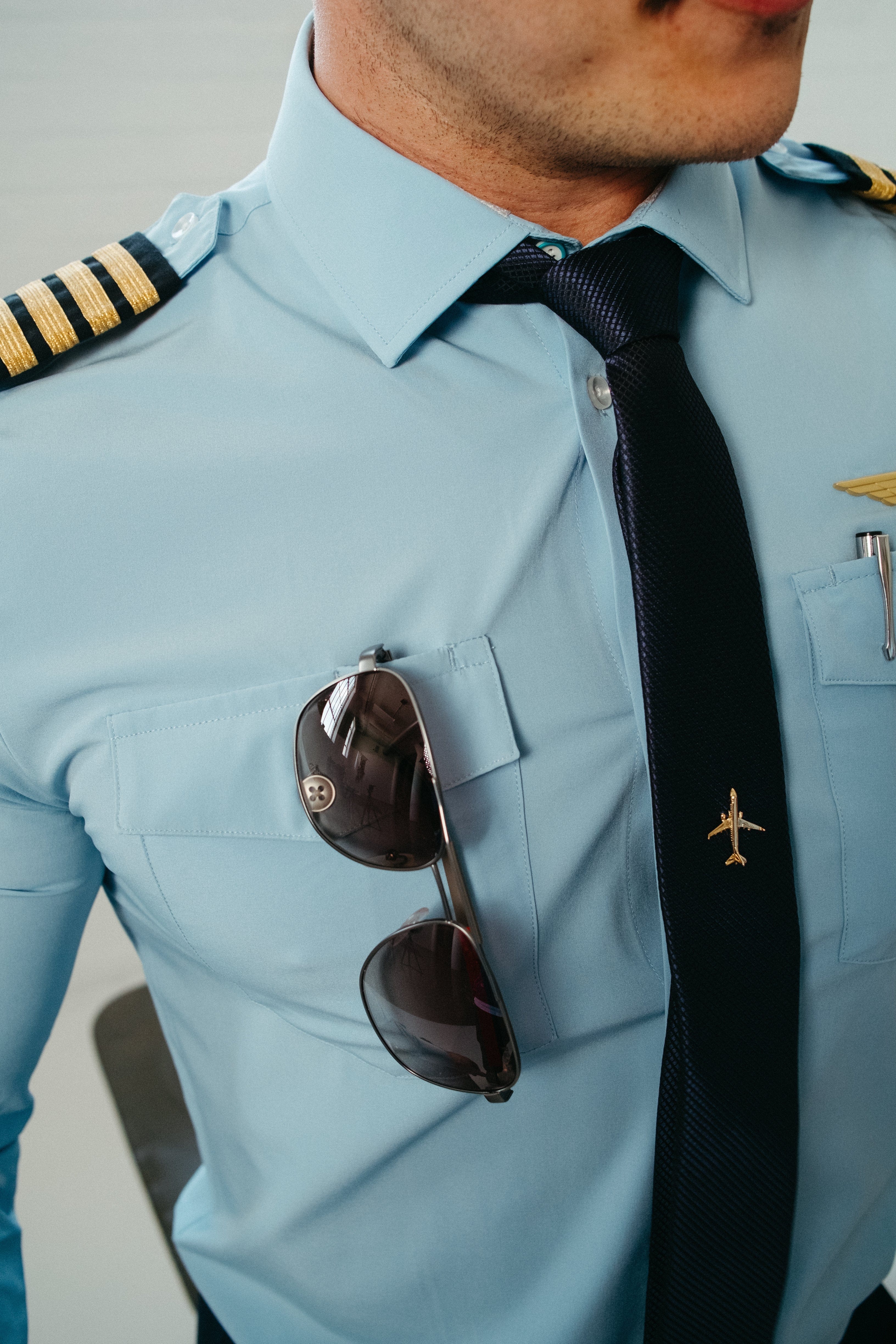 Flight Men's Professional Pilot Shirt - Blue (With Eyelets)