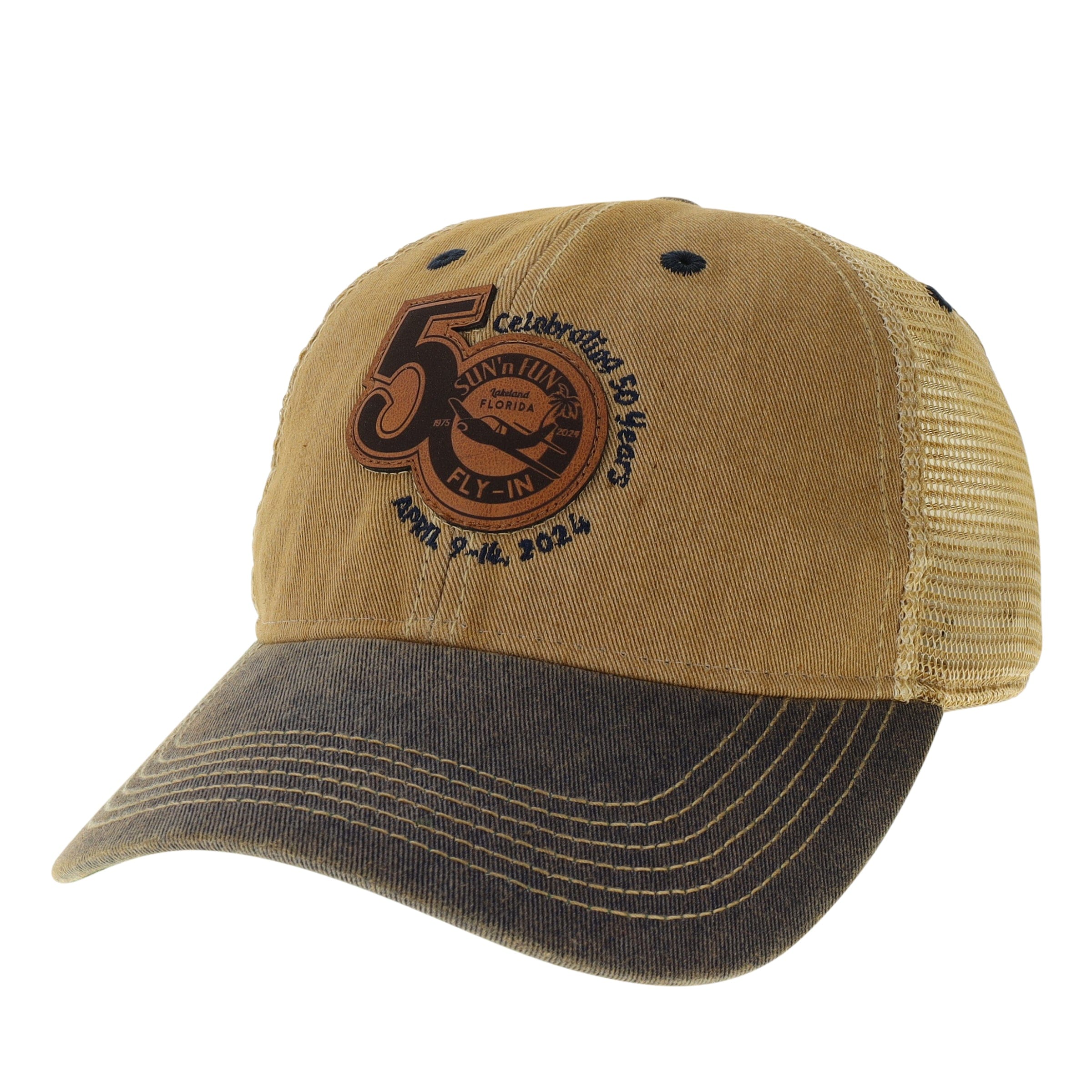 SUN 'n FUN Headwear SUN 'n FUN 50 Years Engraved Leather Patch Tan/Navy Trucker Ball Cap