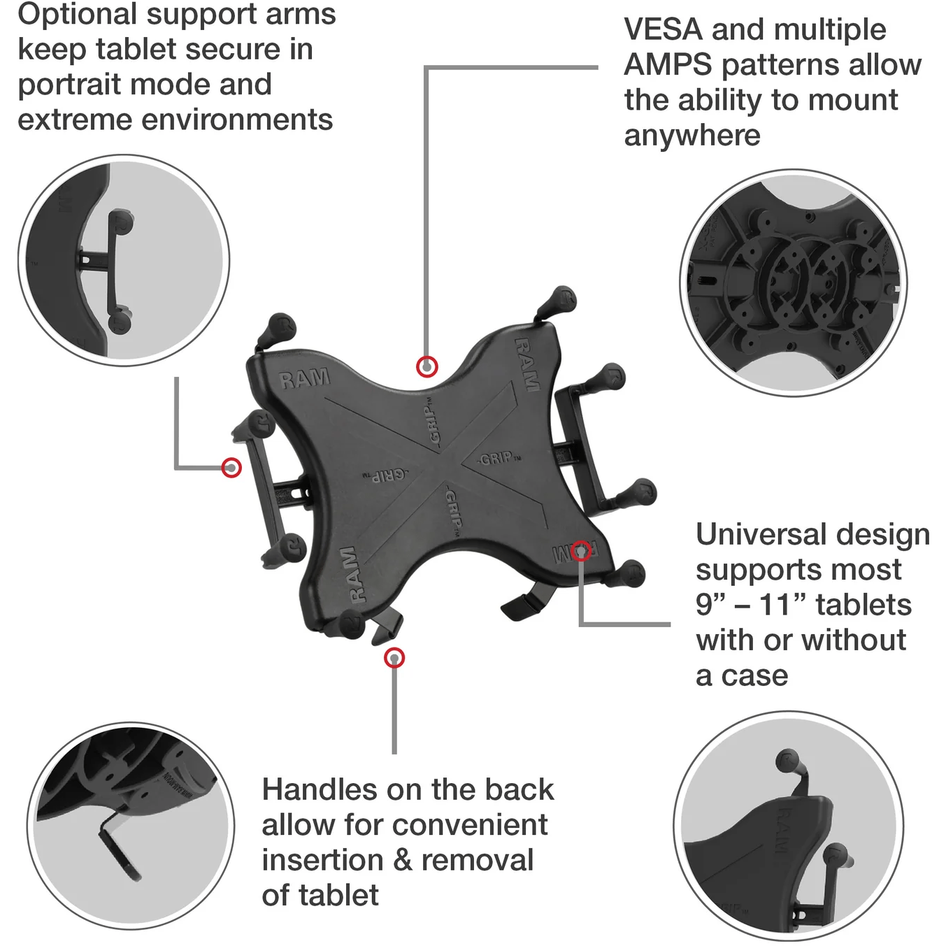 RAM Mount Mounts RAM X-Grip Universal Holder for 9"-11" Tablets with Ball - B Size RAM-B-202-UN9U