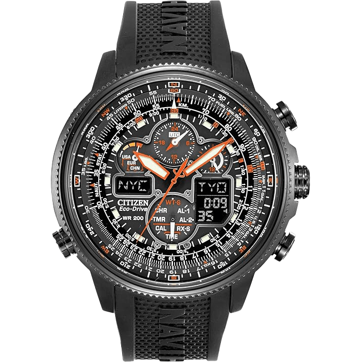 Citizen Watch Watches Citizen Eco-Drive Navihawk A-T Black Poly Strap with Black Dial and Orange Accent Watch JY8035-04E