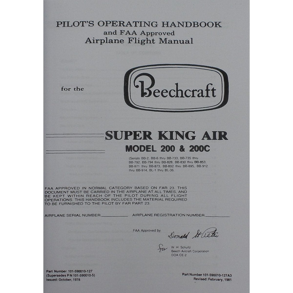 Essco Aircraft Aircraft Manual Beech Super King Air 200, 200C POH (101-590010-127)