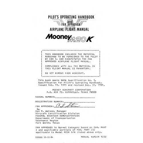 Essco Aircraft Aircraft Manual Mooney M20K 231 Pilot's Operating Handbook 1985 (part# 1232)