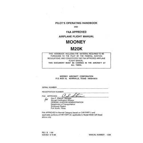 Essco Aircraft Aircraft Manual Mooney M20K Pilot's Operating Handbook 1987-1988 (part# 1236)